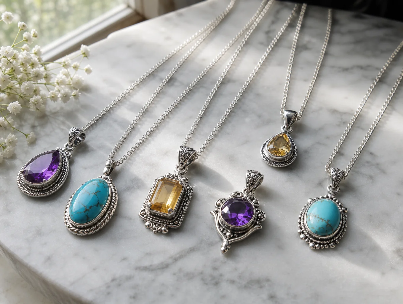 Artisanal silver necklace layering showing delicate chain textures